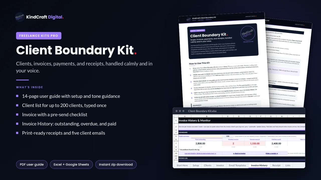 Client Boundary Kit PRO cover showing the user guide and the Invoice History workbook tab